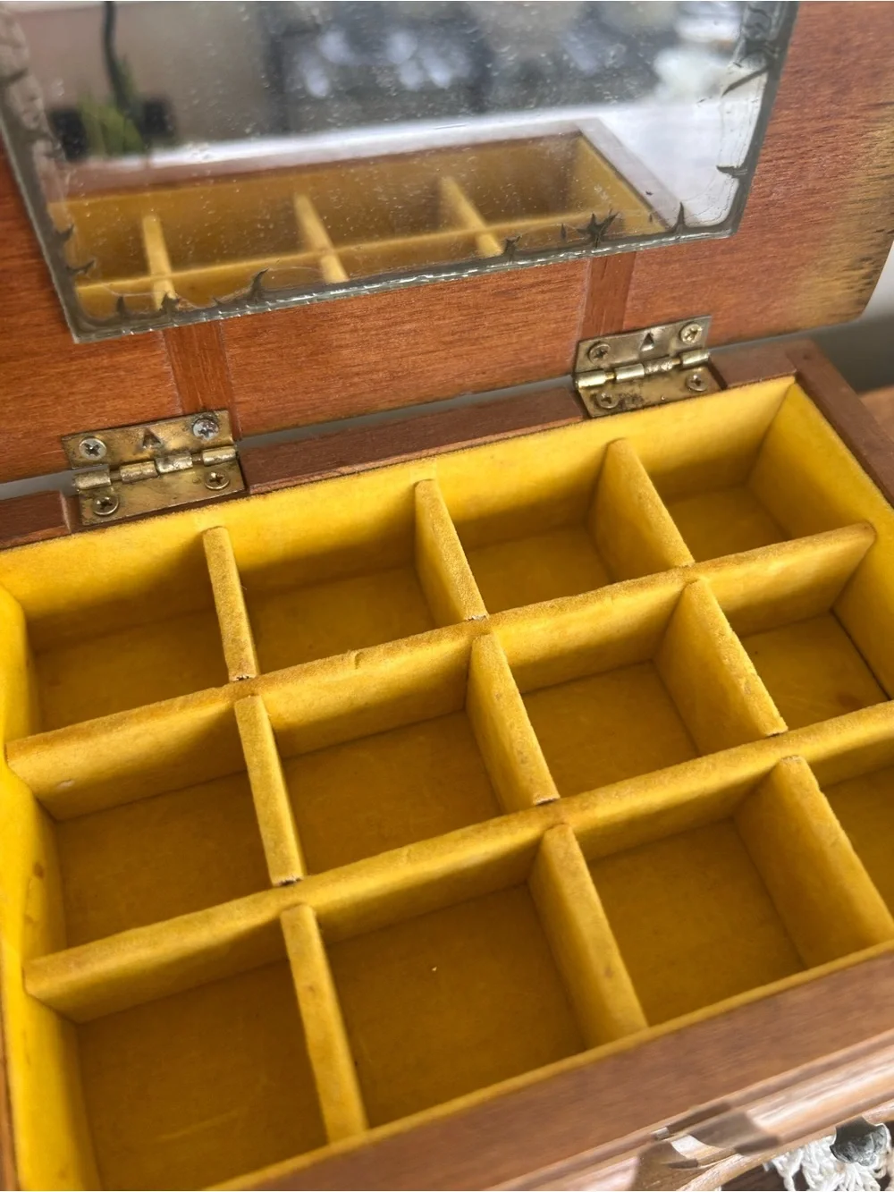 VTG Wooden Dresser Jewelry Box Drawer Hinged Lid Mirror Gold Velvet Interior